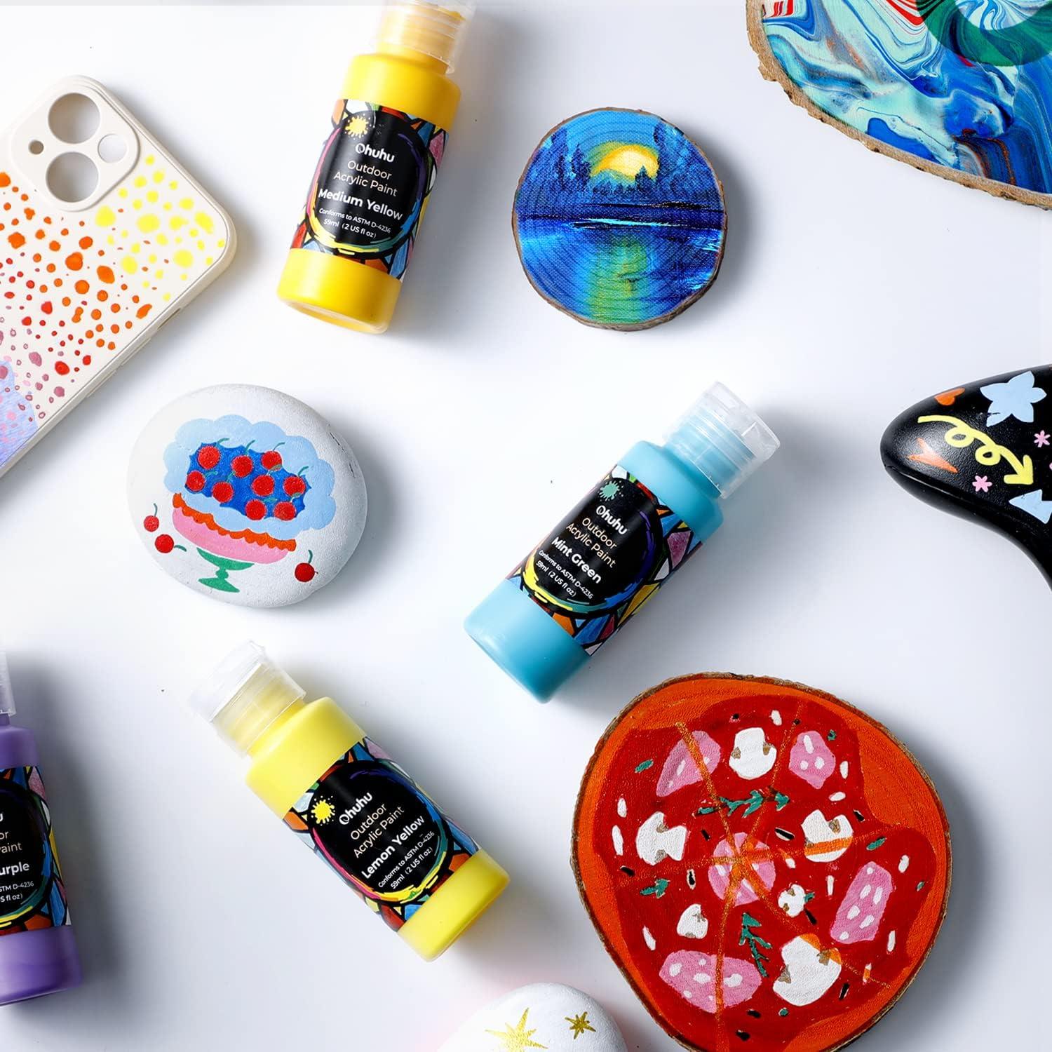 imageOhuhu Outdoor Acrylic Paint for Metal 24 Colors Paint Set 2 oz60ml Bottles for Artist Beginners 18 Basicamp 6 Metallic Acrylic Paints with 6 Brushes for Drawing Waterproof Rich Pigments on Garden Statues Woods Rocks Canvas Glass Fabrics Last 34 Years