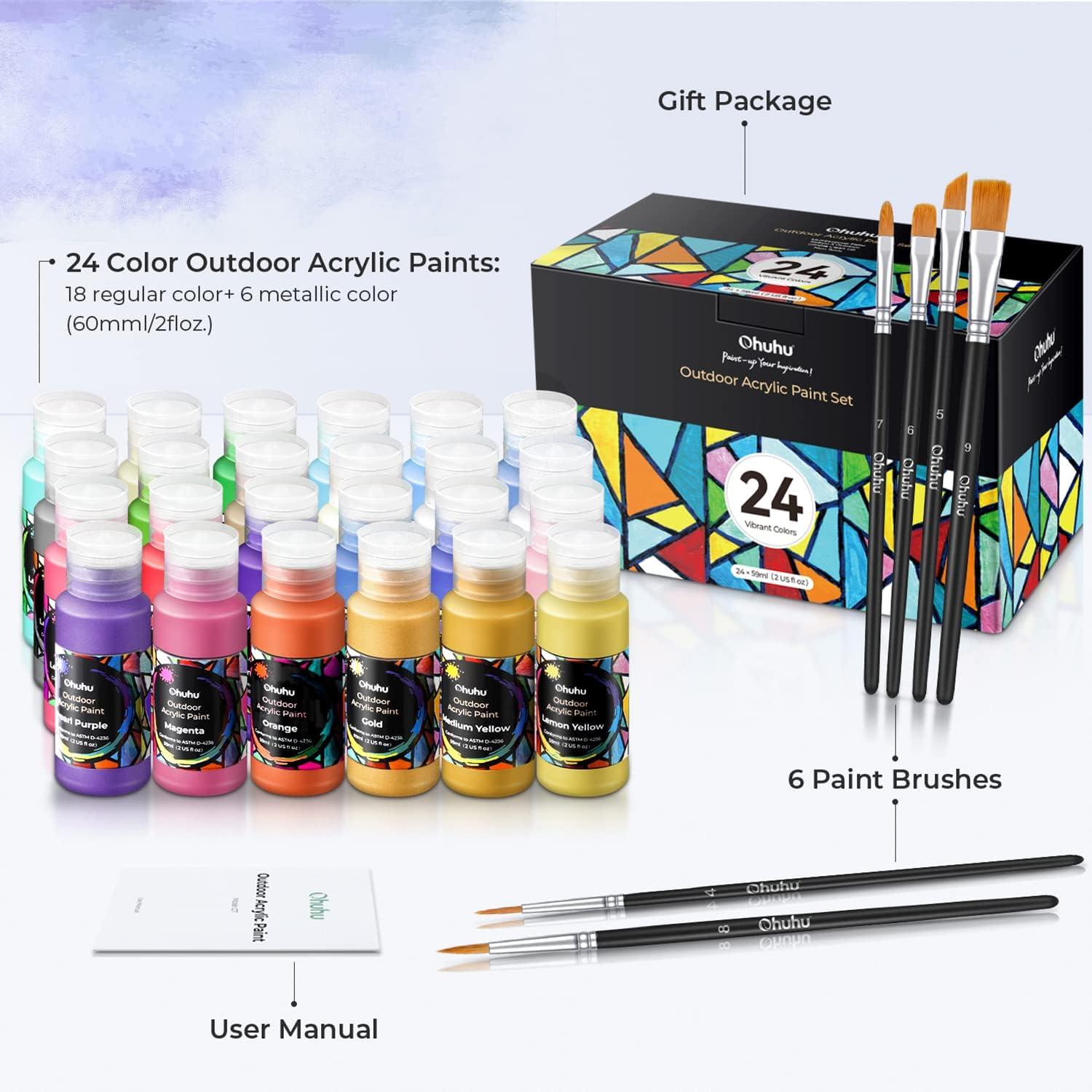 imageOhuhu Outdoor Acrylic Paint for Metal 24 Colors Paint Set 2 oz60ml Bottles for Artist Beginners 18 Basicamp 6 Metallic Acrylic Paints with 6 Brushes for Drawing Waterproof Rich Pigments on Garden Statues Woods Rocks Canvas Glass Fabrics Last 34 Years