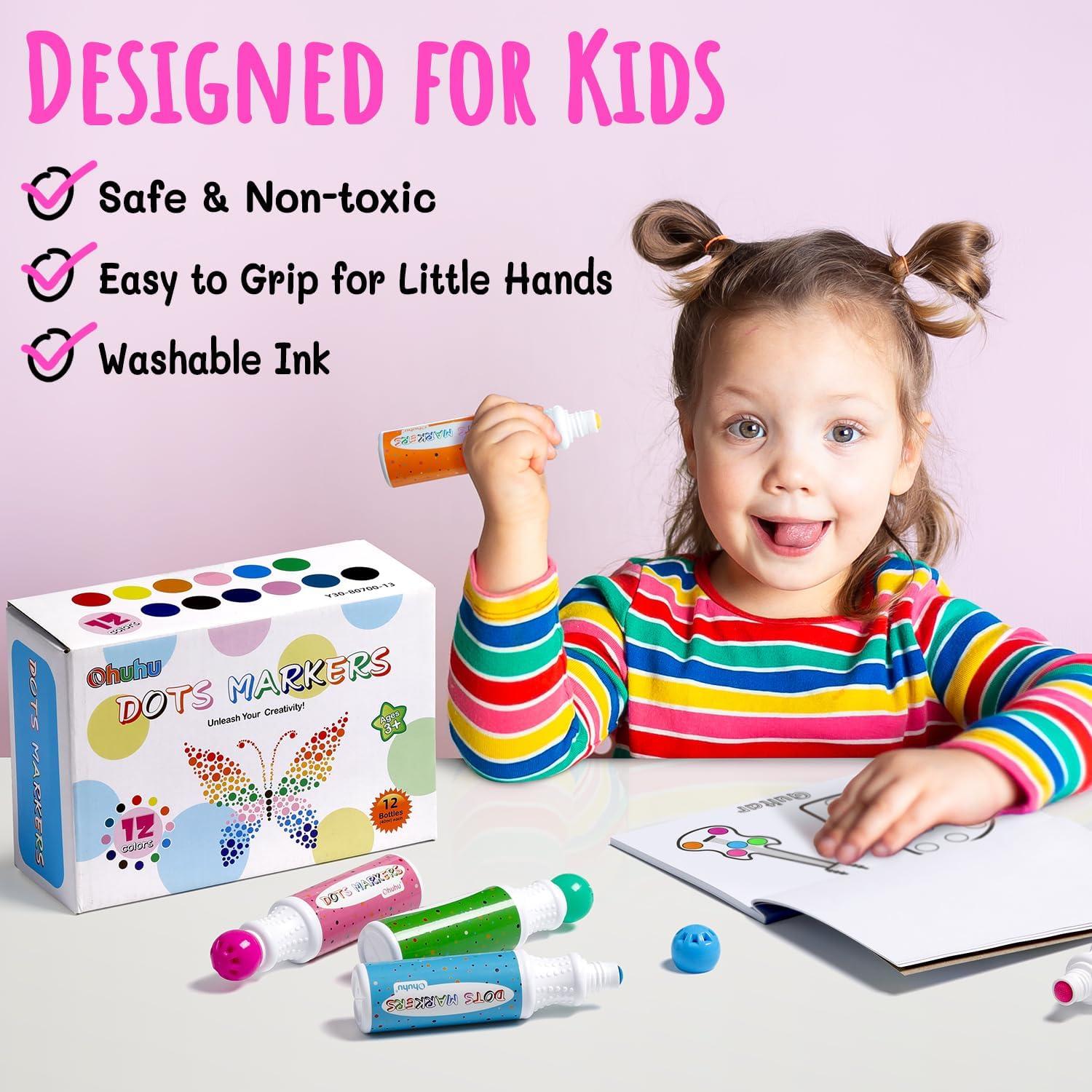imageOhuhu Washable Dot Markers for Toddler 12 Colors Bingo Daubers 40 ml 141 oz with 30 Pages Kids Activity Book for Kids Children 3 Ages  Preschool NonToxic WaterBased Dot Art Markers