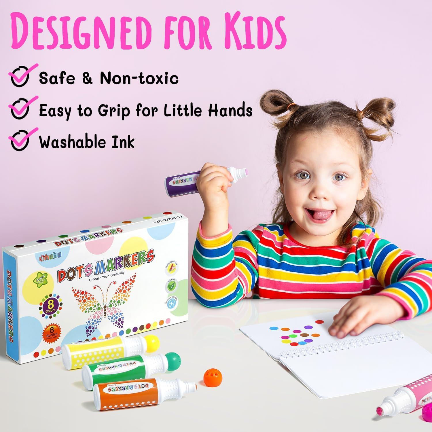 imageOhuhu Washable Dot Markers for Toddler 8 Colors Bingo Daubers 40 ml 141 oz with a Blank 30 Pages Kids Activity Book for Kids Children 3 Ages Preschool NonToxic WaterBased Dot Art Markers