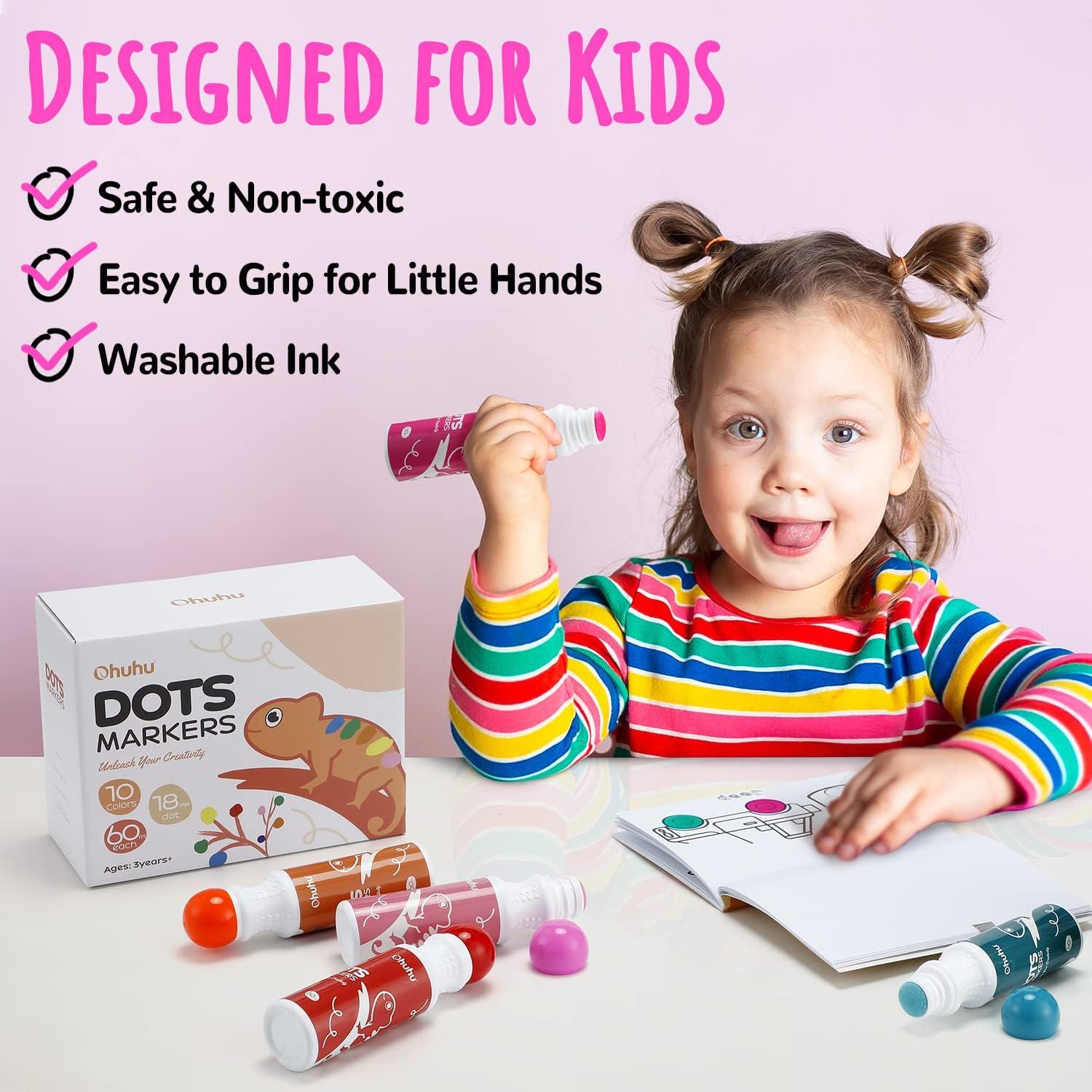 imageOhuhu Washable Large Dot Markers for Toddler 10 Colors Bingo Daubers Updated Real Washable Ink 60 ml 202 oz with 30 Pages Kids Activity Book for Kids Children 3 Ages  Preschool Dot Art Markers