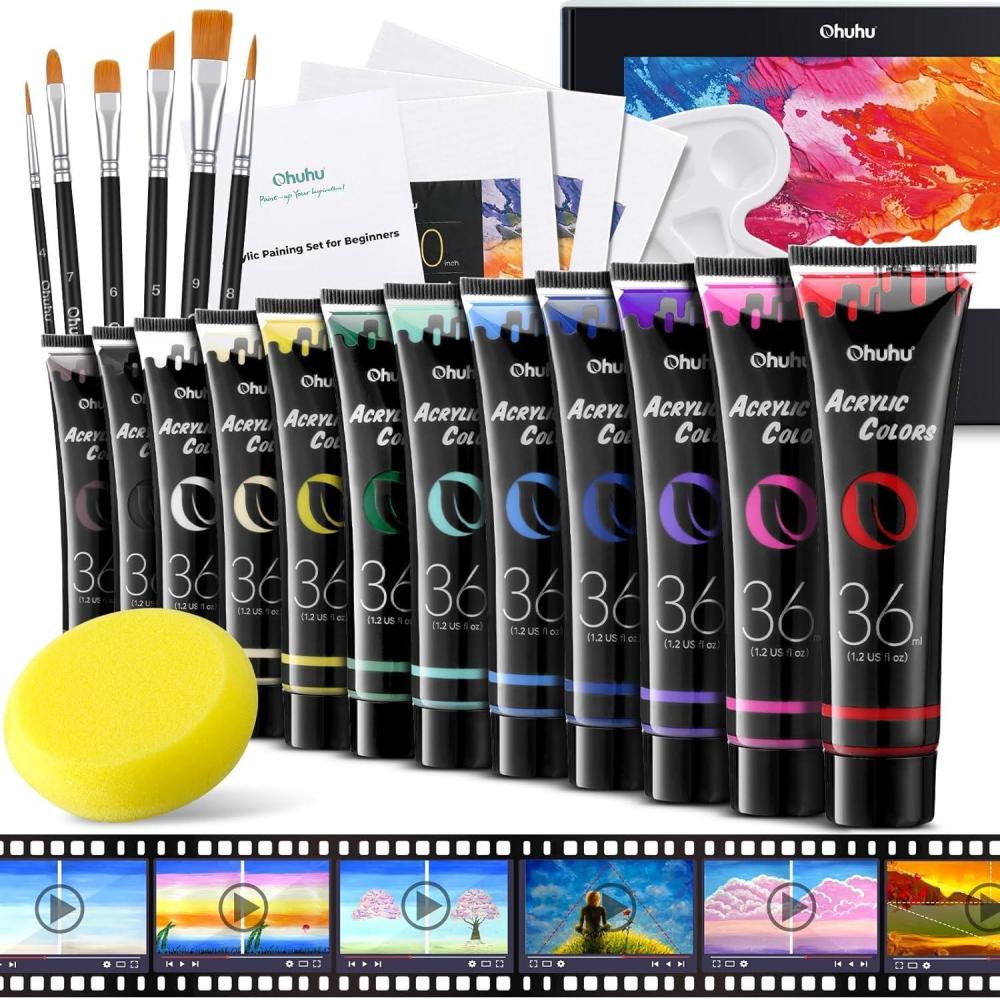 imageOhuhu Acrylic Paint Kits with Tutorial for Beginners 36ml 12 Vibrant Colors with 6 Brushes 3 Paint Canvases Sponge for Kids Painting Art Supplies for Ceramic Wood Fabric Model Rock Metal