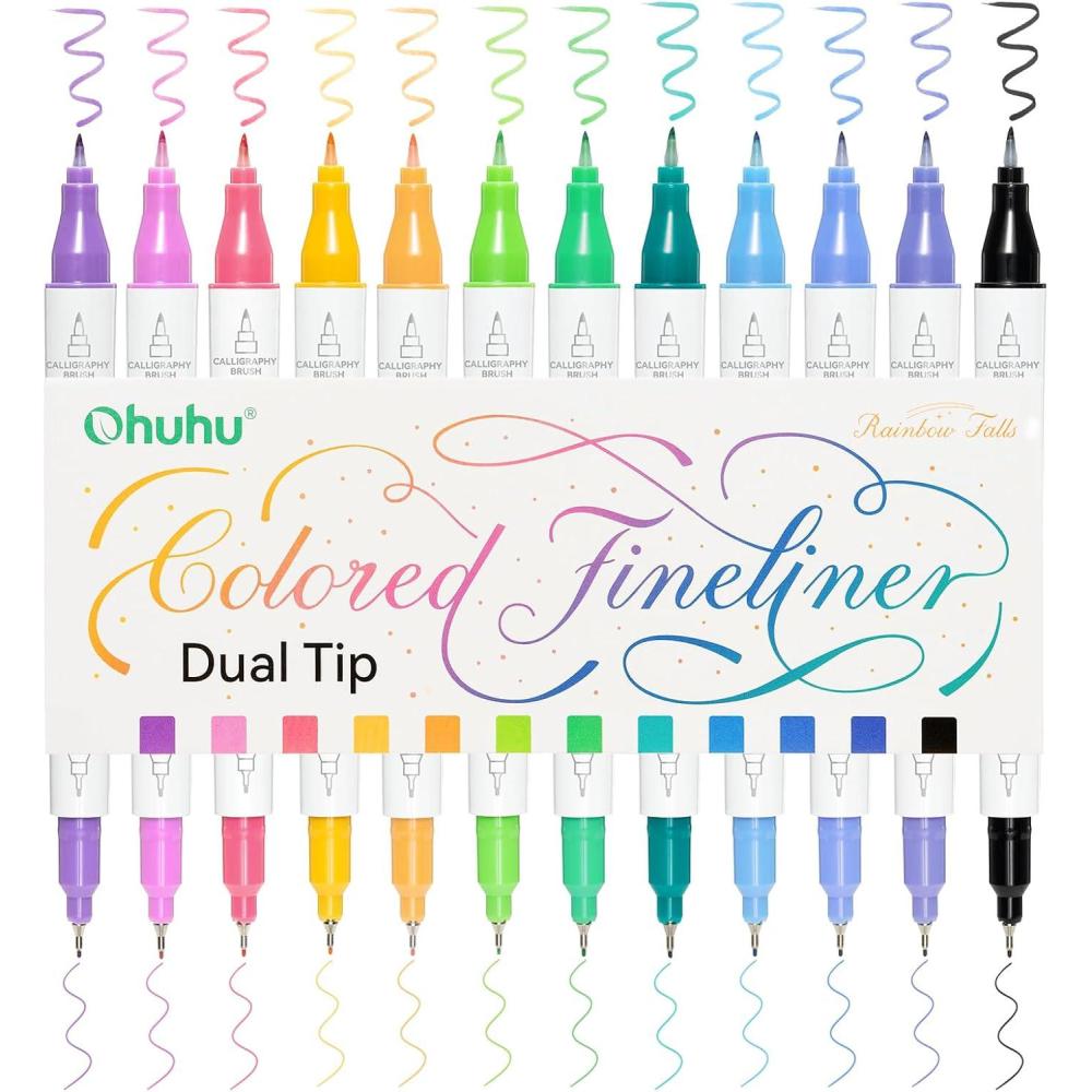 imageOhuhu Brush amp Fineliner Dual Tips Colored Drawing Pens 12 Colors Waterproof amp Alcoholproof Brush Micro Pens for Adults Artists amp Beginners Drawing Sketching Bullet Journal Outlining Office Class