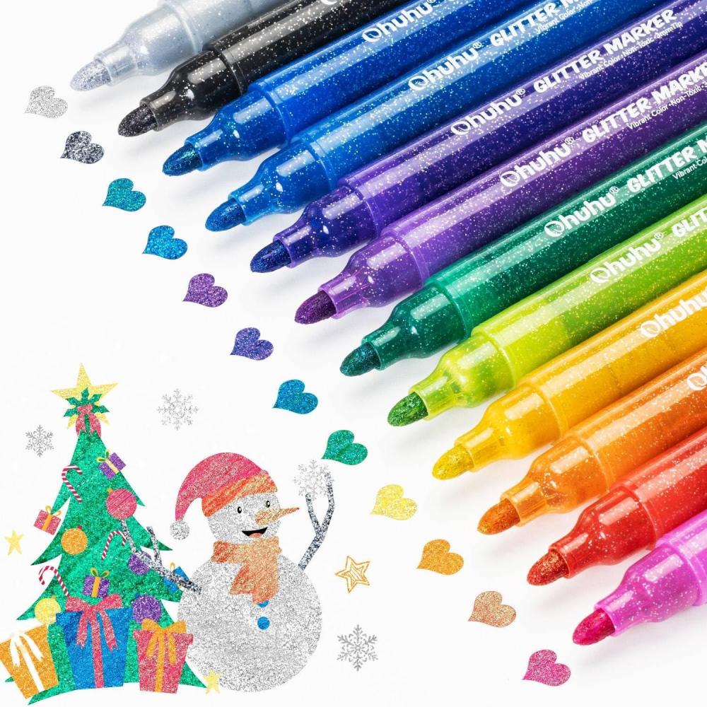 imageOhuhu Glitter Markers Pen 12 Glitter Colors Metallic Shimmer Marker Fine Tip Waterbased Ink for Adults DIY Crafts Greeting Birthday Cards Making Mugs Wood Medium Tip 30mm