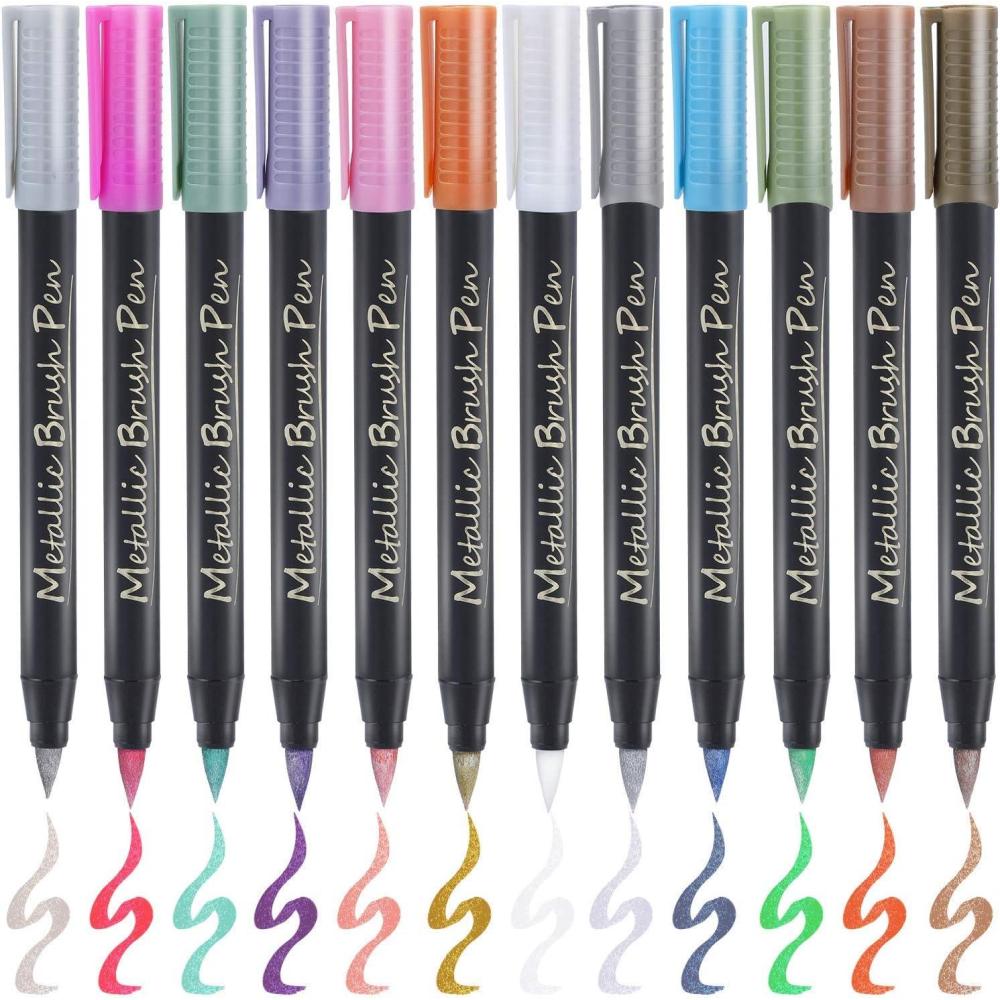 imagePremium Metallic Marker Calligraphy Brush Pens Ohuhu Set of 12 Glitter Paint Pen Metallic Marker for DIY Birthday Greeting Card Making Black Papers Photo Album Glass Rock Painting Back To School