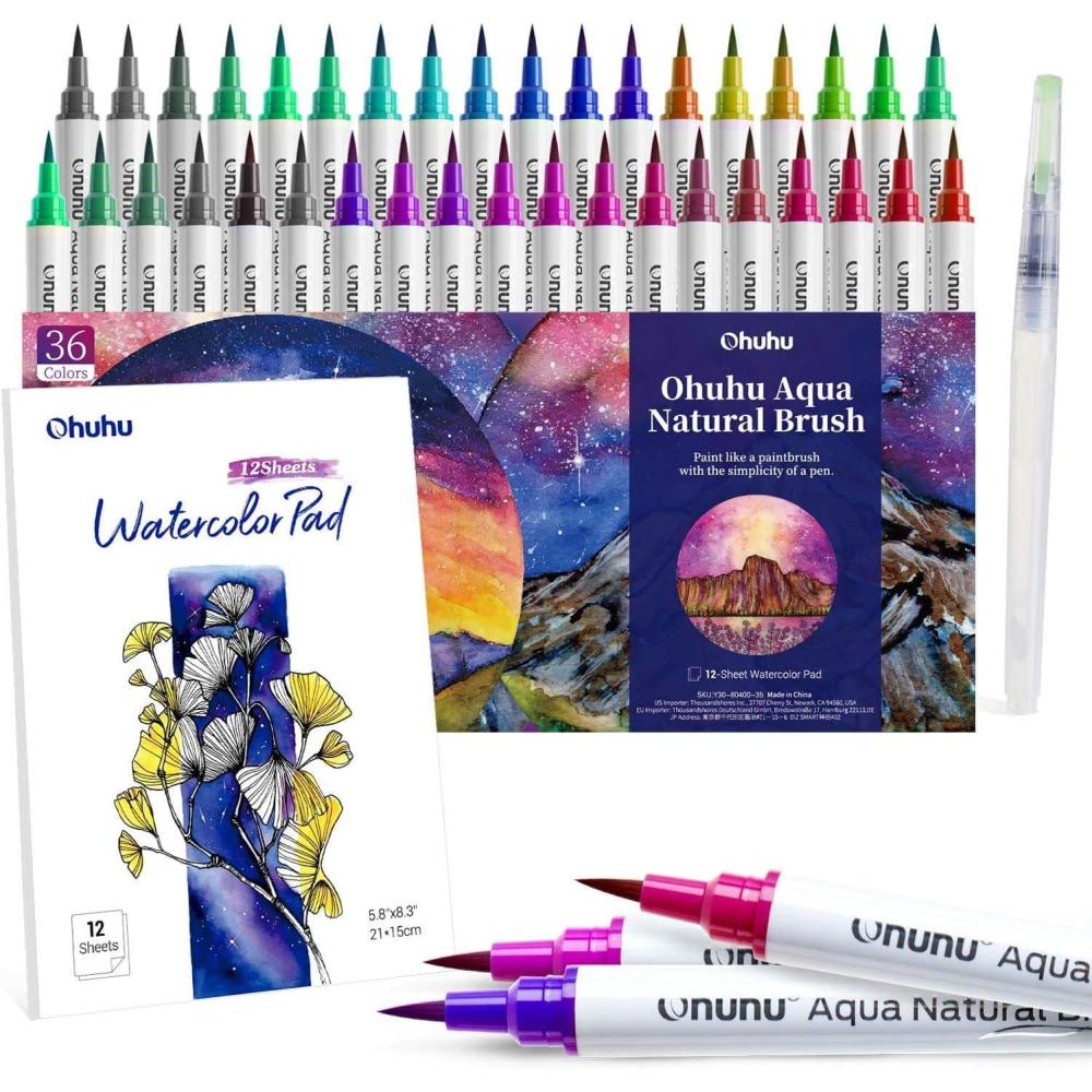 imageProfessional Watercolor Brush Markers of Ohuhu Waterbased Real Nylon Brush Tip Marker Pens with 12Sheet Watercolor Pad amp A Blending Aqua Pen for Coloring Calligraphy for Artists Beginners 36 colors