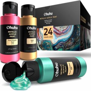 Acrylic Paint Set for Art, Ohuhu 24 Colors 2 Ounce/59ml Metallic Acrylic Paint Supplies for Wood, Fabric, Crafts, Canvas, Leather&Stone
