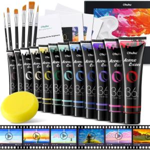 Ohuhu Acrylic Paint Kits with Tutorial for Beginners- 36ml 12 Vibrant Colors with 6 Brushes 3 Paint Canvases Sponge for Kids Painting, Art Supplies for Ceramic, Wood, Fabric, Model, Rock, Metal