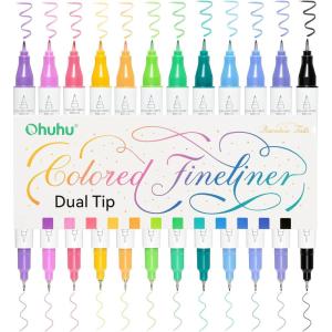 Ohuhu Brush & Fineliner Dual Tips Colored Drawing Pens, 12 Colors Waterproof & Alcohol-proof Brush Micro Pens for Adults Artists & Beginners Drawing Sketching Bullet Journal Outlining Office Class