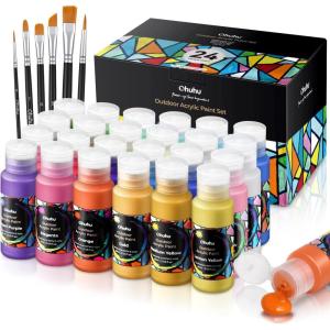 Ohuhu Outdoor Acrylic Paint for Metal, 24 Colors Paint Set, 2 oz./60ml Bottles for Artist, Beginners 18 Basic& 6 Metallic Acrylic Paints with 6 Brushes for Drawing, Waterproof Rich Pigments on Garden Statues, Woods, Rocks, Canvas, Glass, Fabrics, Last 3-4 Years