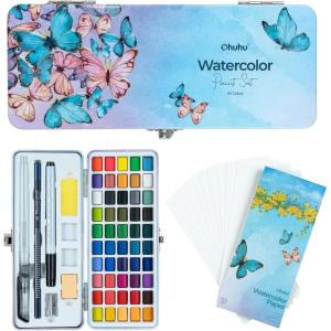 Ohuhu Watercolor Travel Paint Set, Portable Watercolor Kit for Outdoors 50-color with Watercolor Papers, Brush Pen, Acrylic Pen, Pencil and Accessories for Painting, Non-toxic Watercolors Paint for Artists Adults Beginners Kids Gift Idea