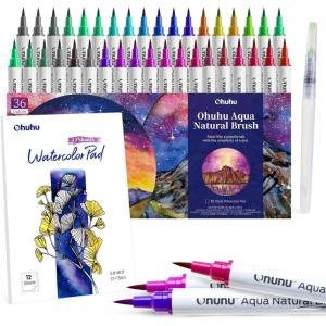 Professional Watercolor Brush Markers of Ohuhu, Water-based Real Nylon Brush Tip Marker Pens with 12-Sheet Watercolor Pad & A Blending Aqua Pen for Coloring Calligraphy for Artists Beginners (36 colors)