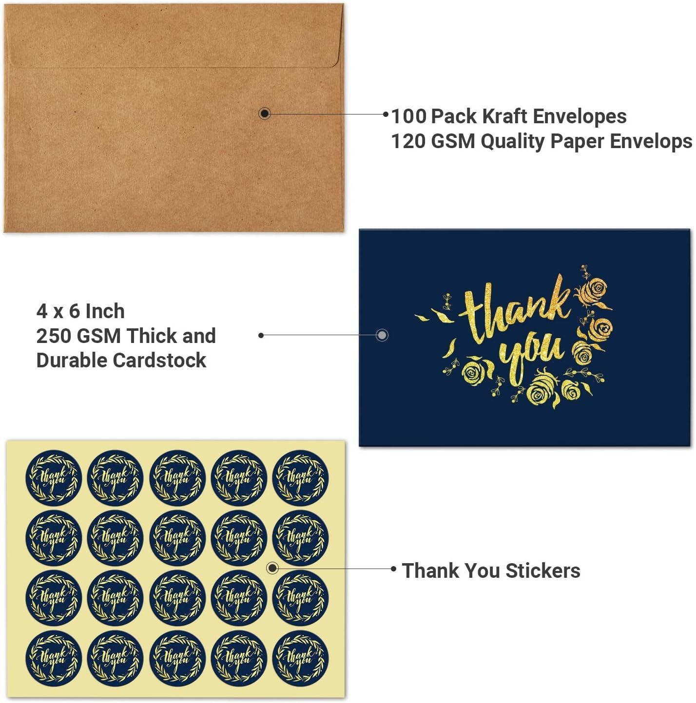 image100 Thank You Cards Bulk Navy Blue and Gold Designs Thank You Notes Box Set with SelfSeal Envelopes and Stickers Elegant 8 Design Greeting Card for Wedding Baby Shower Business Graduation Birthday