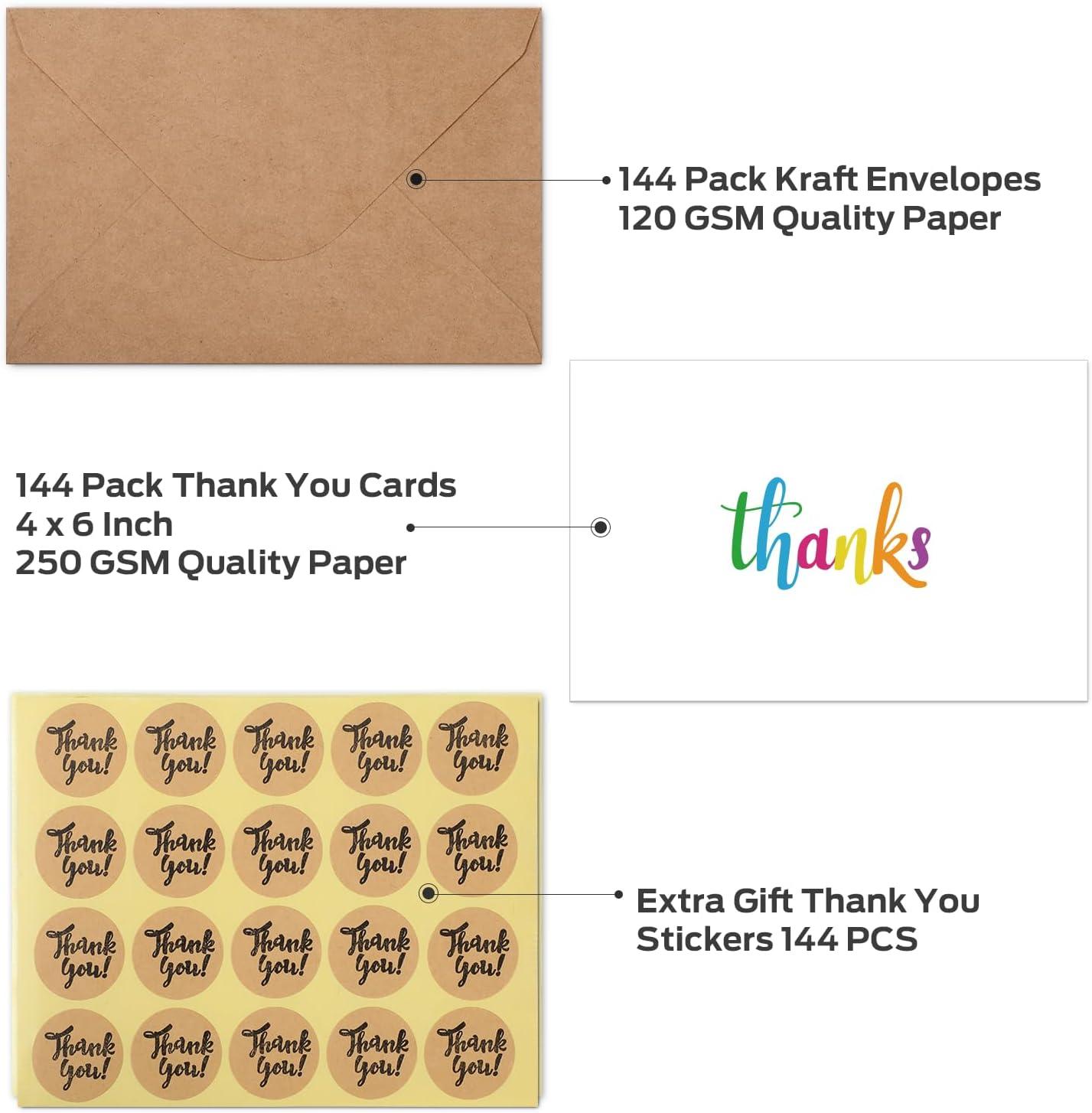 imageOhuhu 144 Bulk Thank You Cards with Envelopes Thank You Notes Box Set with Elegant 8 Rainbow Colorful Designs Greeting Card for Wedding Business Birthday Baby Shower Blank Inside 4 x 6 Inch144