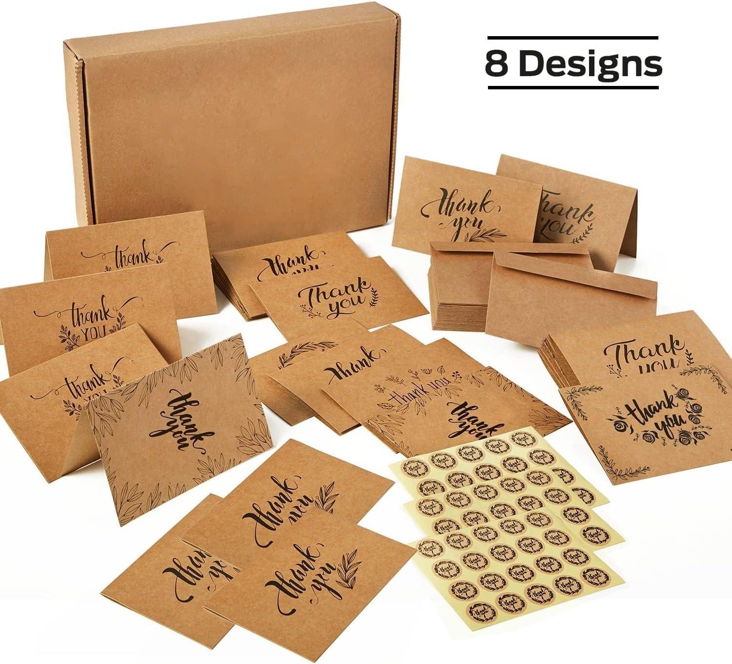 imageOhuhu Bulk 104 Thank You Cards Brown Kraft 4x6 Thank You Notes with SelfSeal Envelopes and Stickers Elegant 8 Design Greeting Card for Wedding Shower Business Graduation Birthday