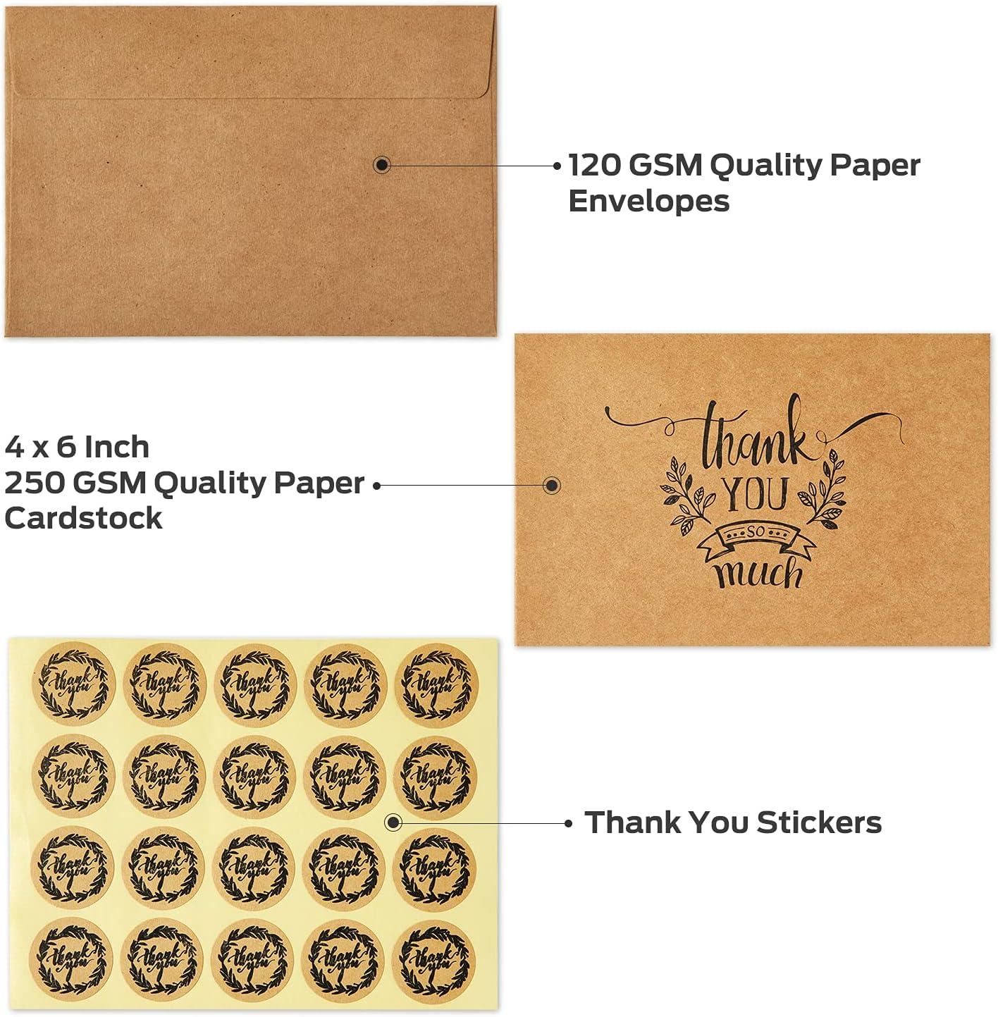 imageOhuhu Bulk 104 Thank You Cards Brown Kraft 4x6 Thank You Notes with SelfSeal Envelopes and Stickers Elegant 8 Design Greeting Card for Wedding Shower Business Graduation Birthday