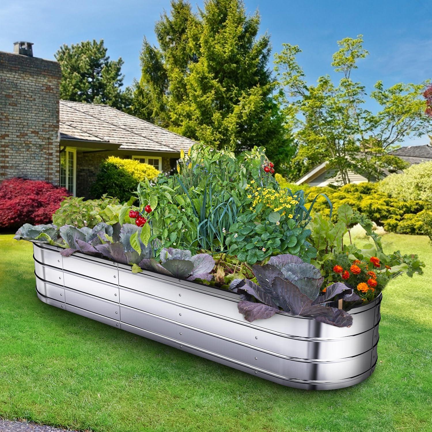 imageRaised Garden Bed with Safety Edging Ohuhu 57x17x1 FT Galvanized Metal Planter Box Outdoor Plant Beds Planting Boxes for Vegetable Flower Herbs Above Ground Elevated Large Oval Gardening Planters