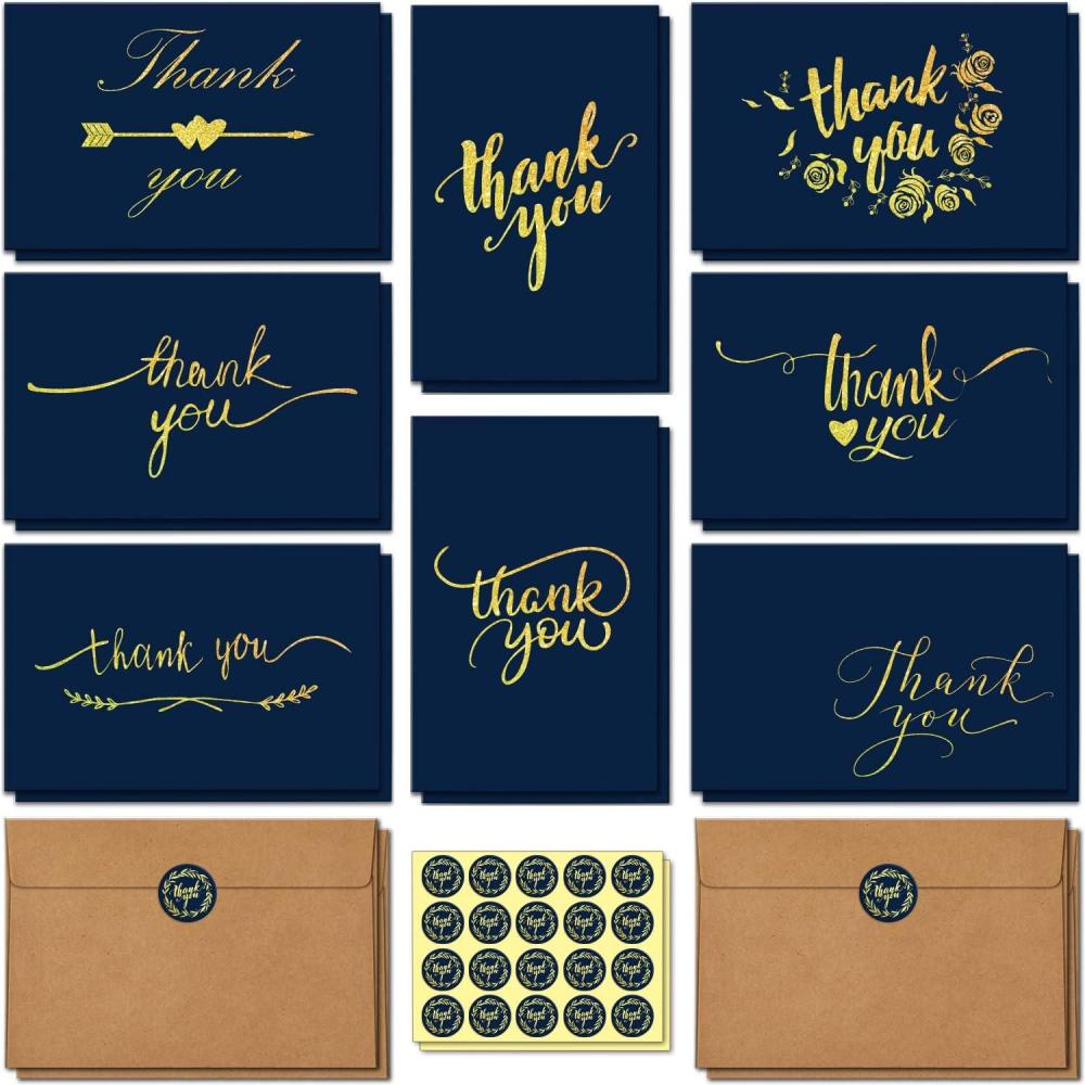 image100 Thank You Cards Bulk Navy Blue and Gold Designs Thank You Notes Box Set with SelfSeal Envelopes and Stickers Elegant 8 Design Greeting Card for Wedding Baby Shower Business Graduation Birthday