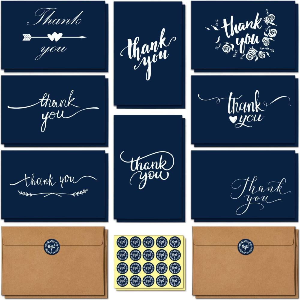 imageOhuhu 100 Thank You Cards Bulk Navy Blue Blank Thank You Notes Box Set with SelfSeal Envelopes and Stickers