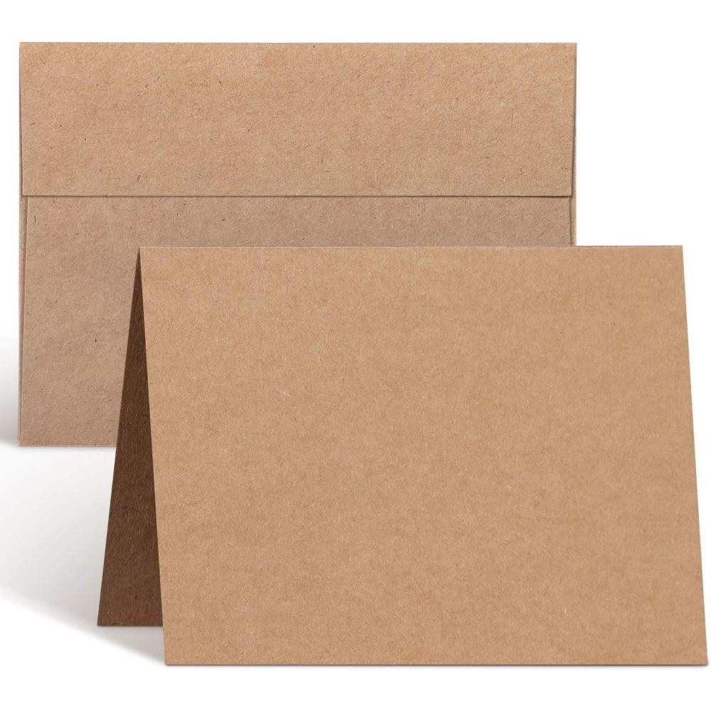 imageOhuhu Blank Brown Kraft Cards and Envelopes 100 Pack 5 x 7 Folded Cardstock Paper and A7 Envelopes for DIY Greeting Cards Wedding Birthday Invitations Baby Shower Thank You Cards and All Occasions
