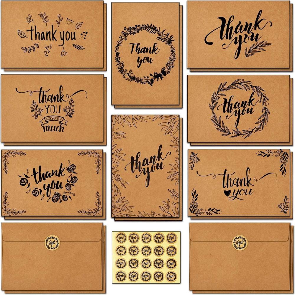 imageOhuhu Bulk 104 Thank You Cards Brown Kraft 4x6 Thank You Notes with SelfSeal Envelopes and Stickers Elegant 8 Design Greeting Card for Wedding Shower Business Graduation Birthday