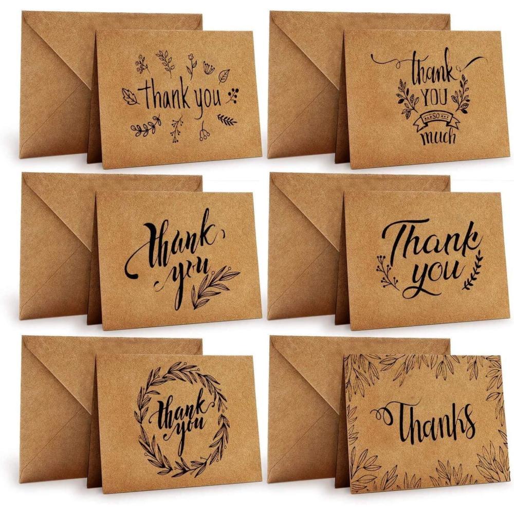imageThank You Cards of Ohuhu 36 Pack Brown Kraft Paper 6 Design of Assorted Thank U Greeting Note Card with Envelopes and Stickers for Wedding Business Birthday Baby Shower Blank Inside 4 x 6 Inch