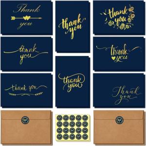 100 Thank You Cards Bulk: Navy Blue and Gold Designs Thank You Notes Box Set with Self-Seal Envelopes and Stickers – Elegant 8 Design Greeting Card for Wedding Baby Shower Business Graduation Birthday