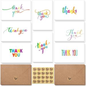 Ohuhu 144 Bulk Thank You Cards with Envelopes, Thank You Notes Box Set with Elegant 8 Rainbow Colorful Designs Greeting Card for Wedding, Business, Birthday, Baby Shower, Blank Inside, 4 x 6 Inch(144)