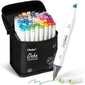Ohuhu Alcohol Markers – AP Certificated 60-color Double Tipped Art Marker Set for Artist Adults Coloring Illustration – Chisel and Fine Dual Tips – Refillable – Oahu Series of Ohuhu Markers
