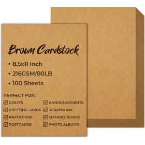 Ohuhu Brown Kraft Cardstock Thick Paper 100 Sheets – 8.5″ x 11″ Heavyweight 80 lb/216 gsm Card Stock for Crafts and DIY Card Making(Brown)
