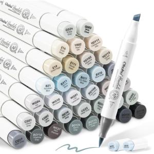 Ohuhu Grayscale Alcohol Markers Brush Tip- Double Tipped Alcohol Based Art Marker Set for Artist Adults Coloring Illustration Shading Layering- 36 Grey-tone Colors- Chisel& Brush- Honolulu- Refillable
