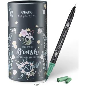 Ohuhu Markers for Adult Coloring Books No bleeding 60 Colors Coloring Markers Water-based Dual Tips Fineliner & Brush Drawing Pens Art Markers for Kids Adults Sketch Journal – Maui – Black(Black Pen)