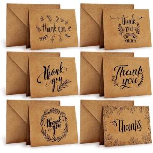 Thank You Cards of Ohuhu, 36 Pack Brown Kraft Paper 6 Design of Assorted Thank U Greeting Note Card with Envelopes and Stickers for Wedding, Business, Birthday, Baby Shower, Blank Inside, 4 x 6 Inch