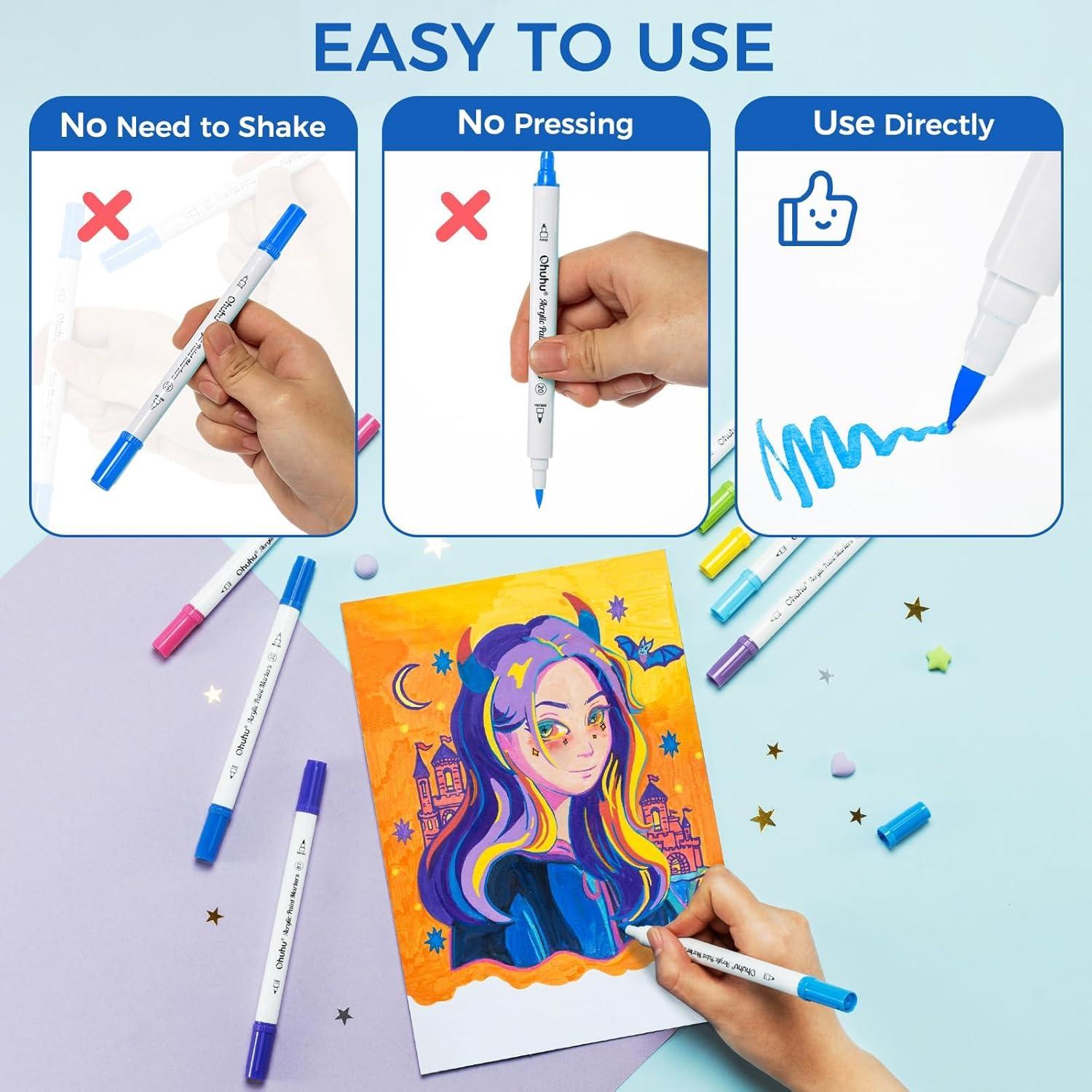 imageOhuhu Acrylic Paint Markers Dual Tips 72 Colors Brush amp Fine Paint Pens High Opacity Acrylic Markers Waterproof Lightfast for Christmas Gifts Rock Painting 3D Prints Egg Wood Glass Ceramic DIY CraftsFine Dot