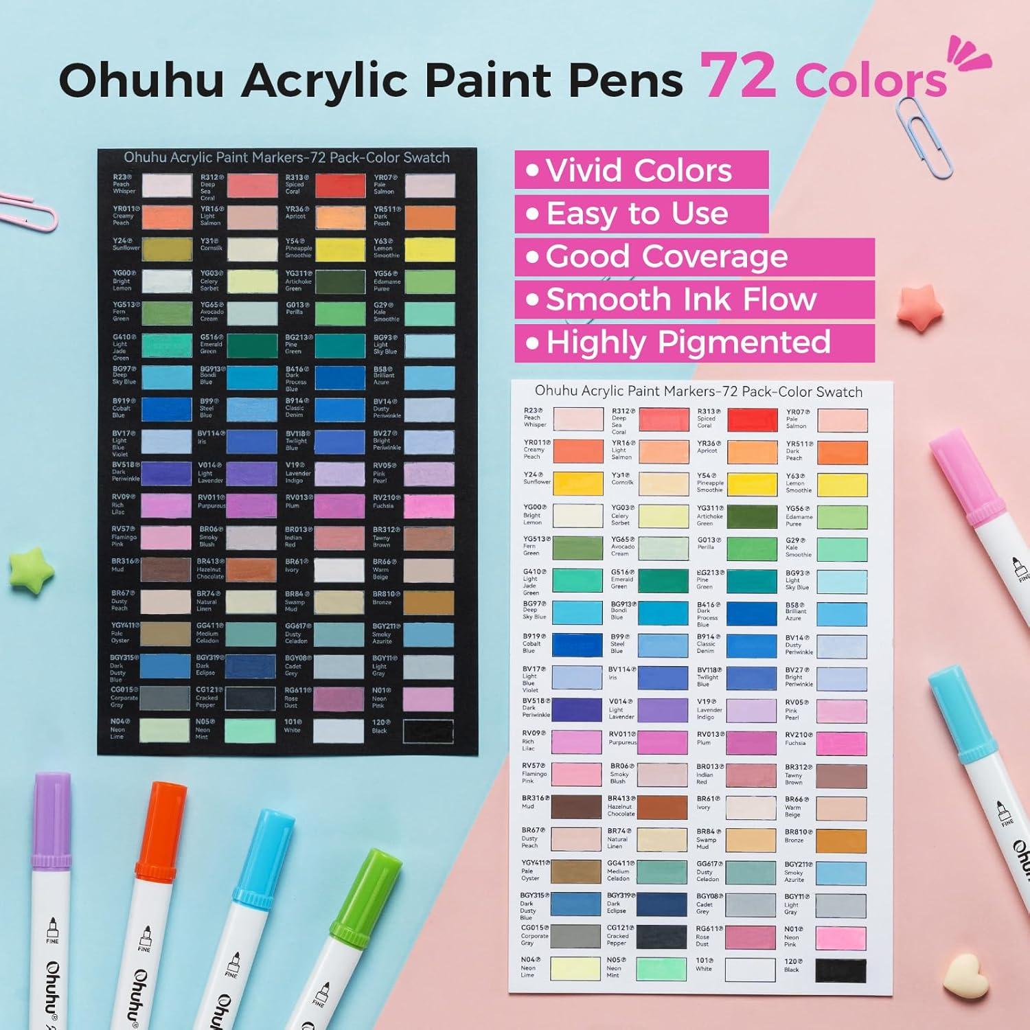 imageOhuhu Acrylic Paint Markers Dual Tips 72 Colors Brush amp Fine Paint Pens High Opacity Acrylic Markers Waterproof Lightfast for Christmas Gifts Rock Painting 3D Prints Egg Wood Glass Ceramic DIY CraftsFine Dot