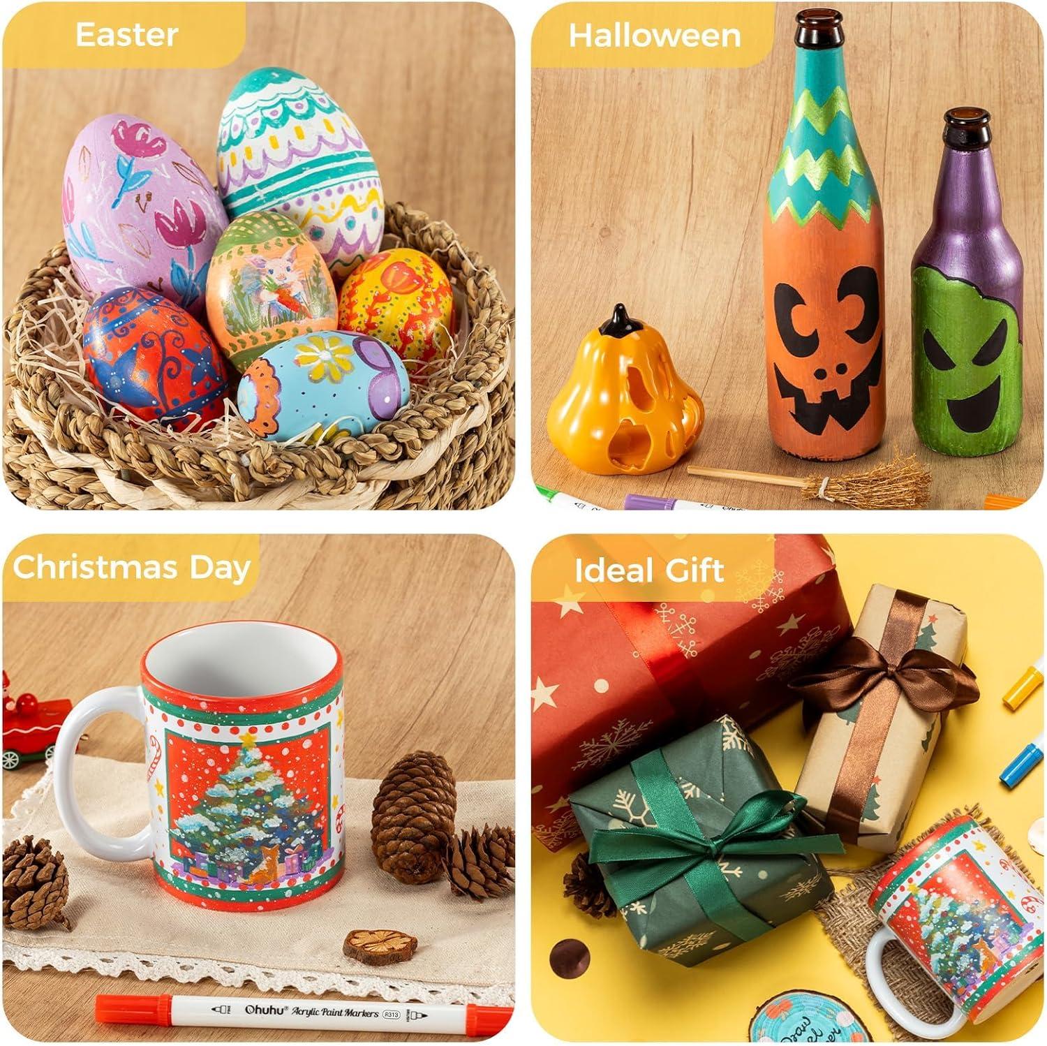 imageOhuhu Acrylic Paint Markers Dual Tips 72 Colors Brush amp Fine Paint Pens High Opacity Acrylic Markers Waterproof Lightfast for Christmas Gifts Rock Painting 3D Prints Egg Wood Glass Ceramic DIY CraftsFine Dot