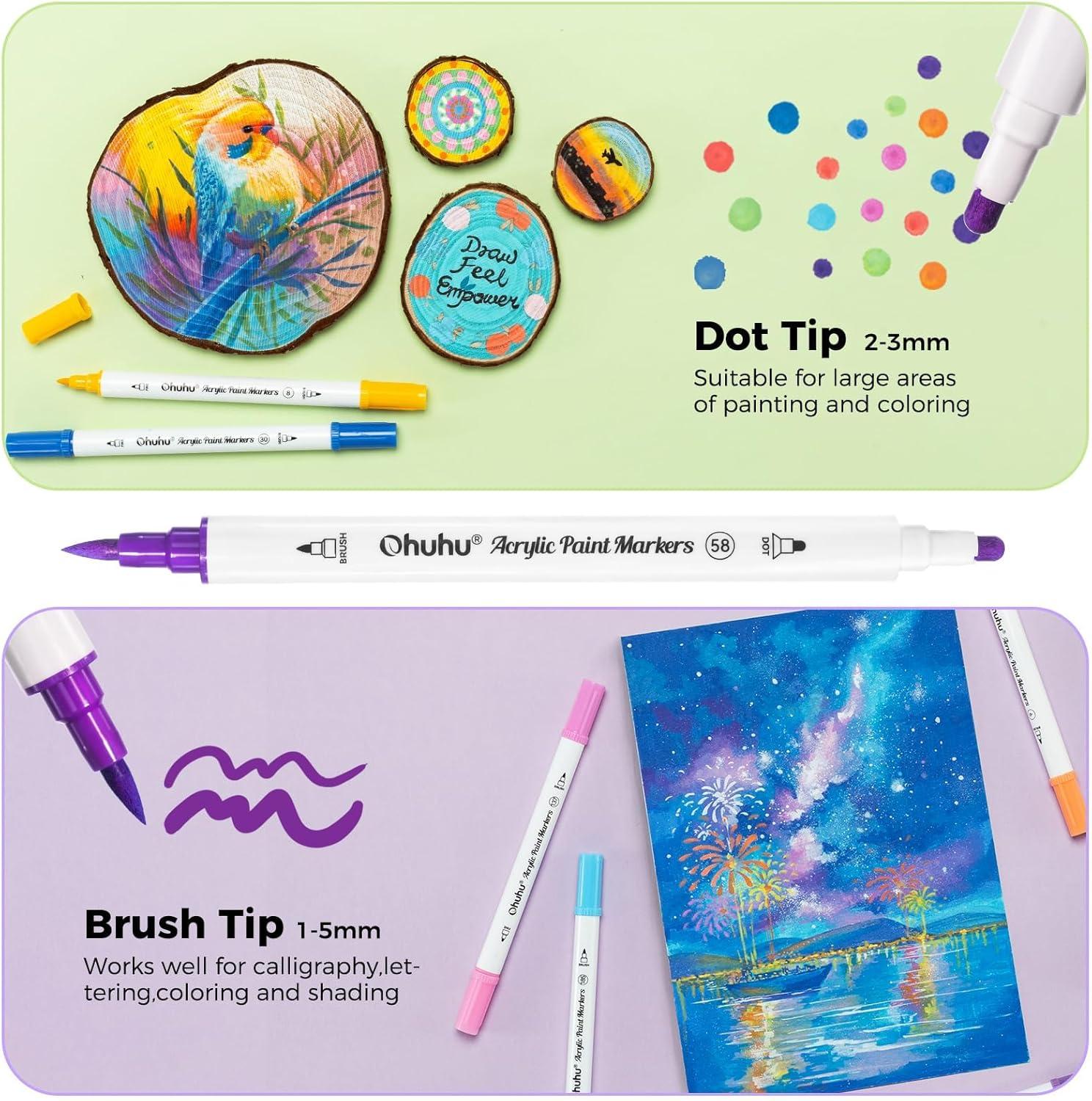 imageOhuhu Acrylic Paint Markers Dual Tips 72 Colors Brush amp Fine Paint Pens High Opacity Acrylic Markers Waterproof Lightfast for Christmas Gifts Rock Painting 3D Prints Egg Wood Glass Ceramic DIY CraftsBrush Dot