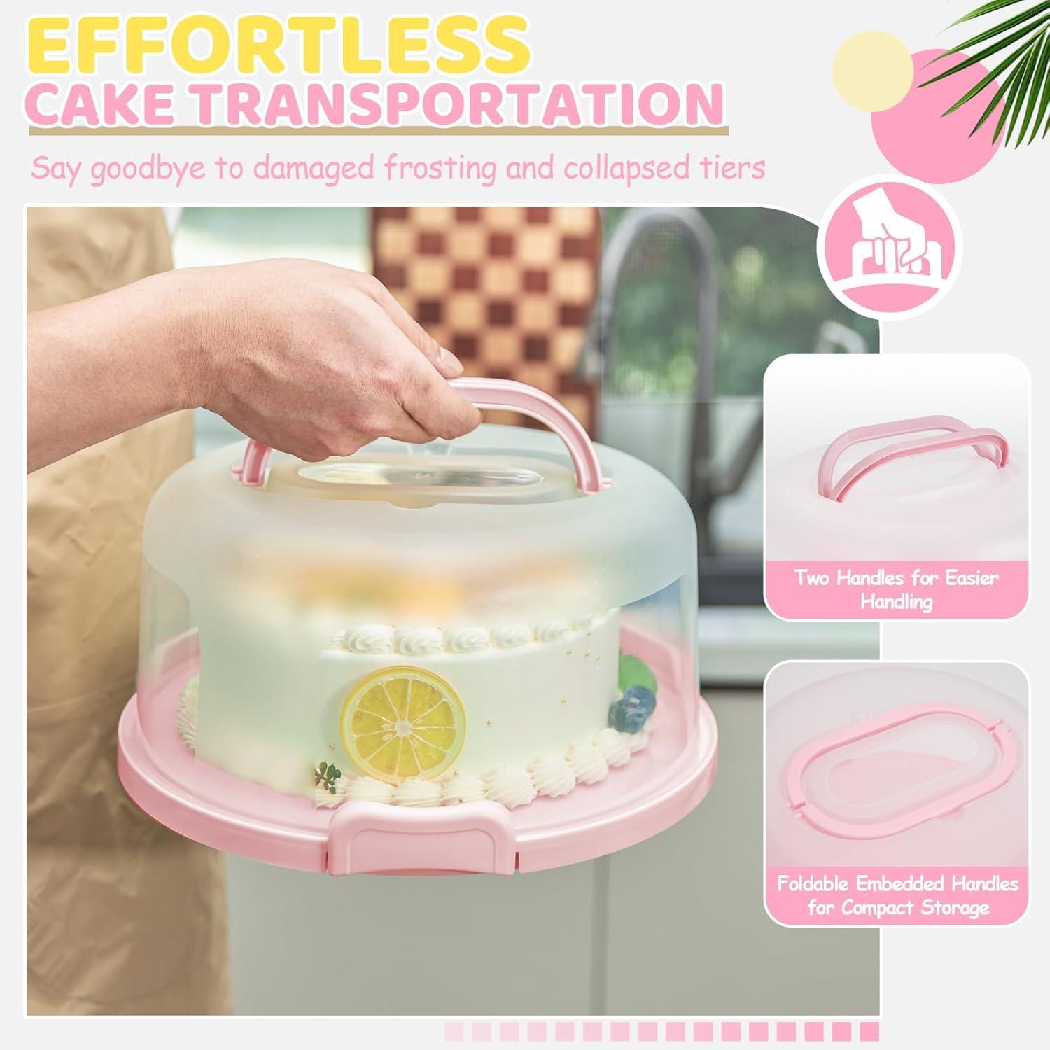 imageOhuhu Cake Carrier with Lid and Handle BPAFree Cake Containers Cake Holder for 10 inch Cake with 2 Handles Cupcake Carrier Plastic Cover Two Sided Base for Transport Pie Nuts Fruit Perfect GiftsPink