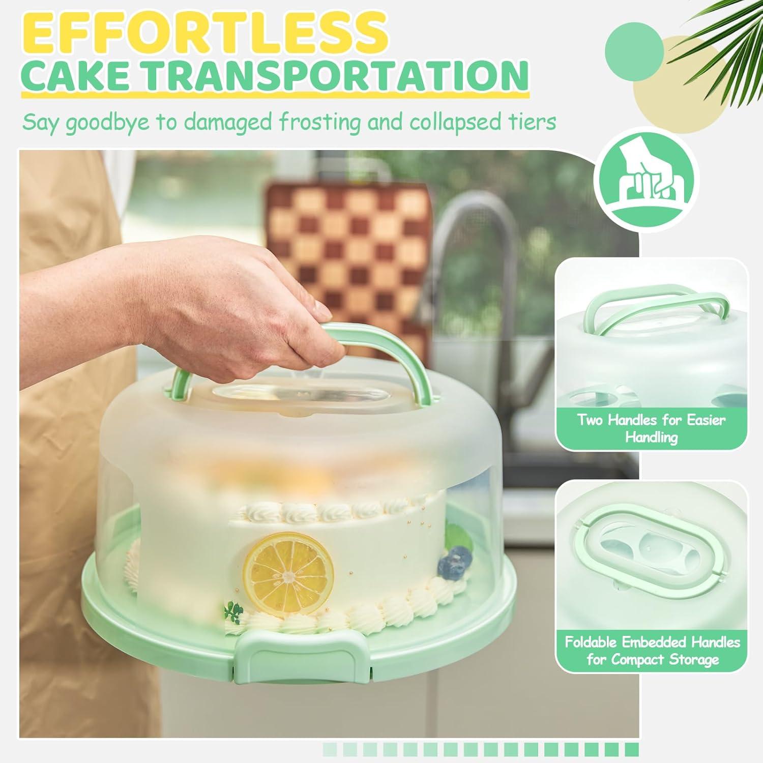 imageOhuhu Cake Carrier with Lid and Handle BPAFree Cake Containers Cake Holder for 10 inch Cake with 2 Handles Cupcake Carrier Plastic Cover Two Sided Base for Transport Pie Nuts Fruit Perfect GiftsGreen