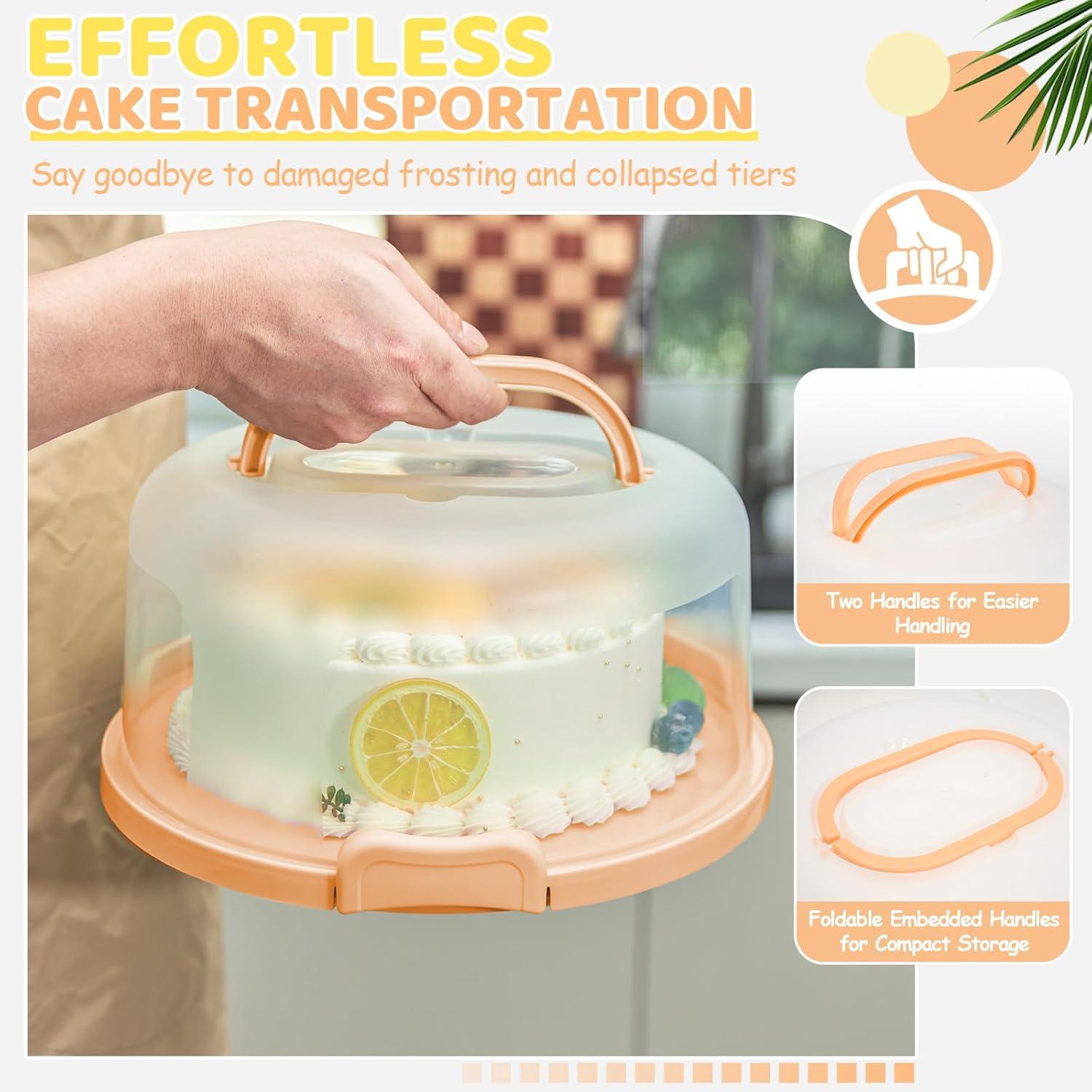 imageOhuhu Cake Carrier with Lid and Handle BPAFree Cake Containers Cake Holder for 10 inch Cake with 2 Handles Cupcake Carrier Plastic Cover Two Sided Base for Transport Pie Nuts Fruit Perfect GiftsPeach