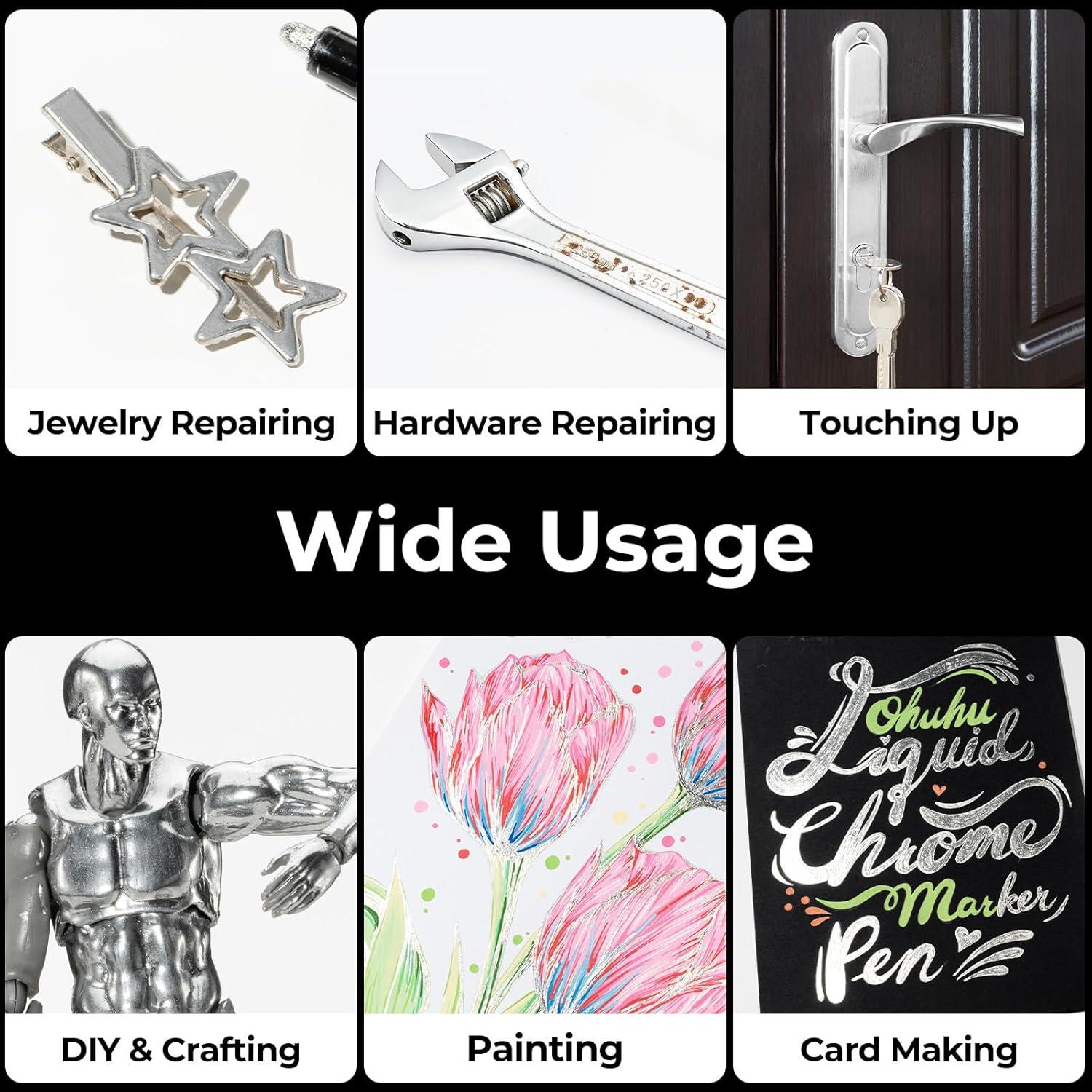 imageOhuhu Chrome Paint Pen 1 PCS Silver Liquid Chrome Markers with Gloss Mirror WaterProof Lightfast Permanent Paint Markers for Repairing Metal Glass Plastic Car Tire DIY Crafts Models Posters1