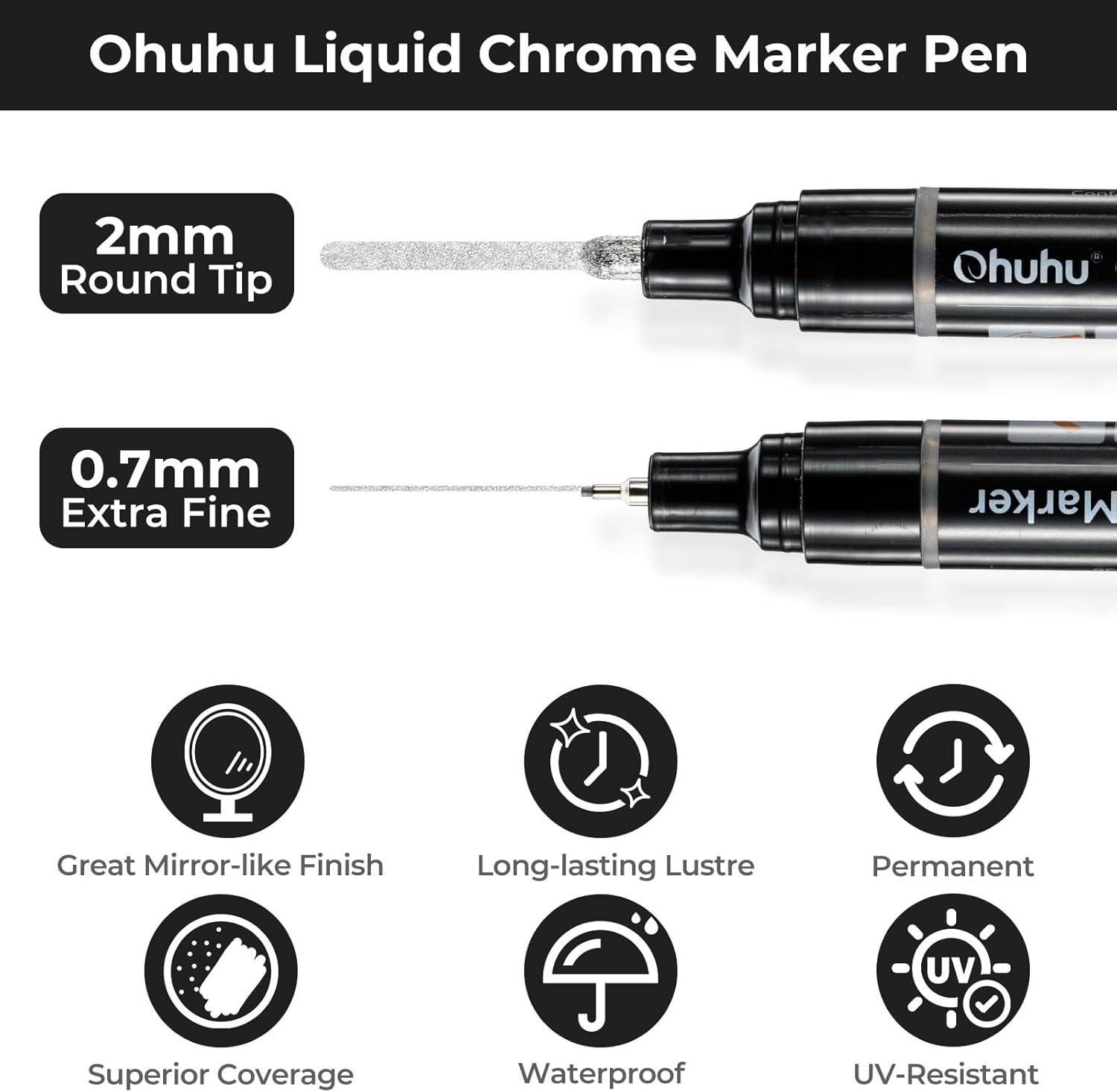 imageOhuhu Chrome Paint Pen 1 PCS Silver Liquid Chrome Markers with Gloss Mirror WaterProof Lightfast Permanent Paint Markers for Repairing Metal Glass Plastic Car Tire DIY Crafts Models Posters1