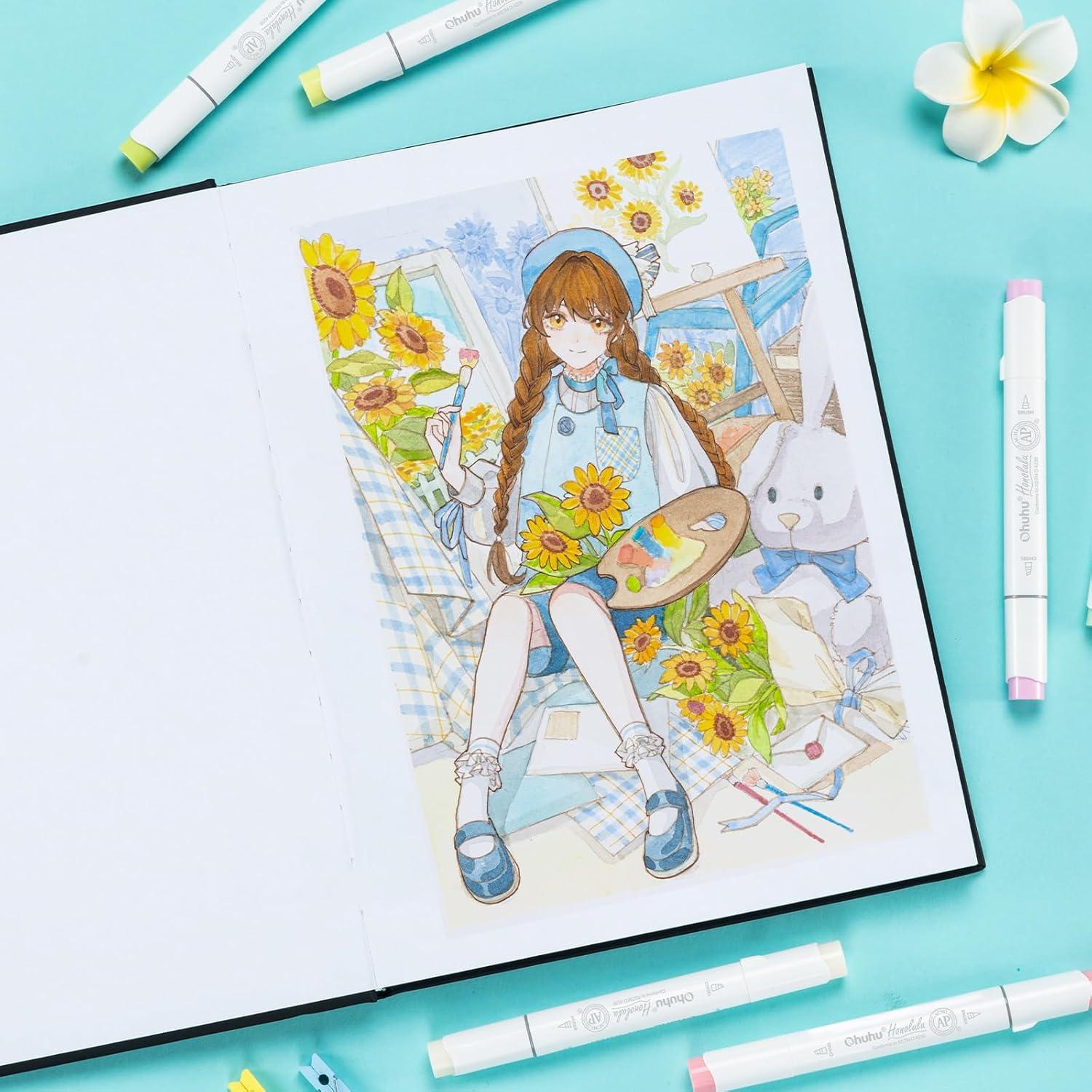 imageOhuhu DoubleSided Marker Pad Art Sketchbook Bleedproof 55x85 Small Paper Size 90 lb150 gsm Smooth Drawing Paper 60 Sheets120 Pages Hardcover Sketching Book for Alcohol Markers PaintsA483x117