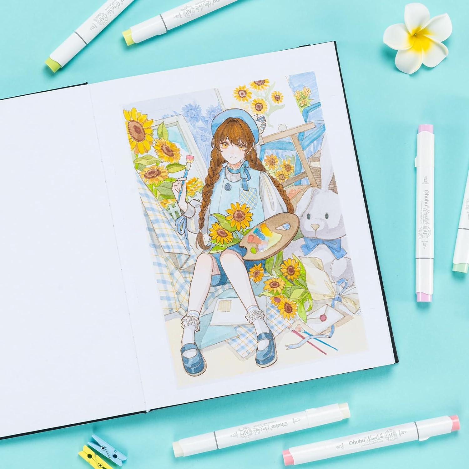 imageOhuhu DoubleSided Marker Pad Art Sketchbook Bleedproof 55x85 Small Paper Size 90 lb150 gsm Smooth Drawing Paper 60 Sheets120 Pages Hardcover Sketching Book for Alcohol Markers Paints85x11