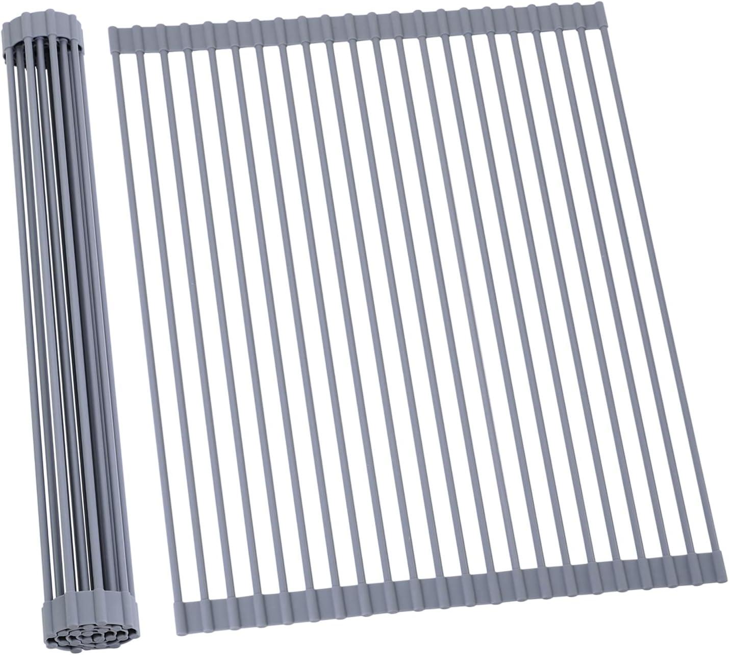 imageOhuhu Over Sink Dish Drying Rack Silicone Wrapped 176 W x 154 L Large Over The Sink Roll Up Dish Drainer Foldable Sink Drying Rack Rolling Drain Mats AntiSlip Multipurpose for Kitchen CounterGray