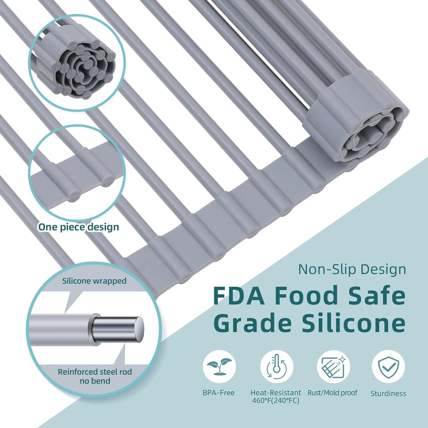 imageOhuhu Over Sink Dish Drying Rack Silicone Wrapped 176 W x 154 L Large Over The Sink Roll Up Dish Drainer Foldable Sink Drying Rack Rolling Drain Mats AntiSlip Multipurpose for Kitchen CounterGray