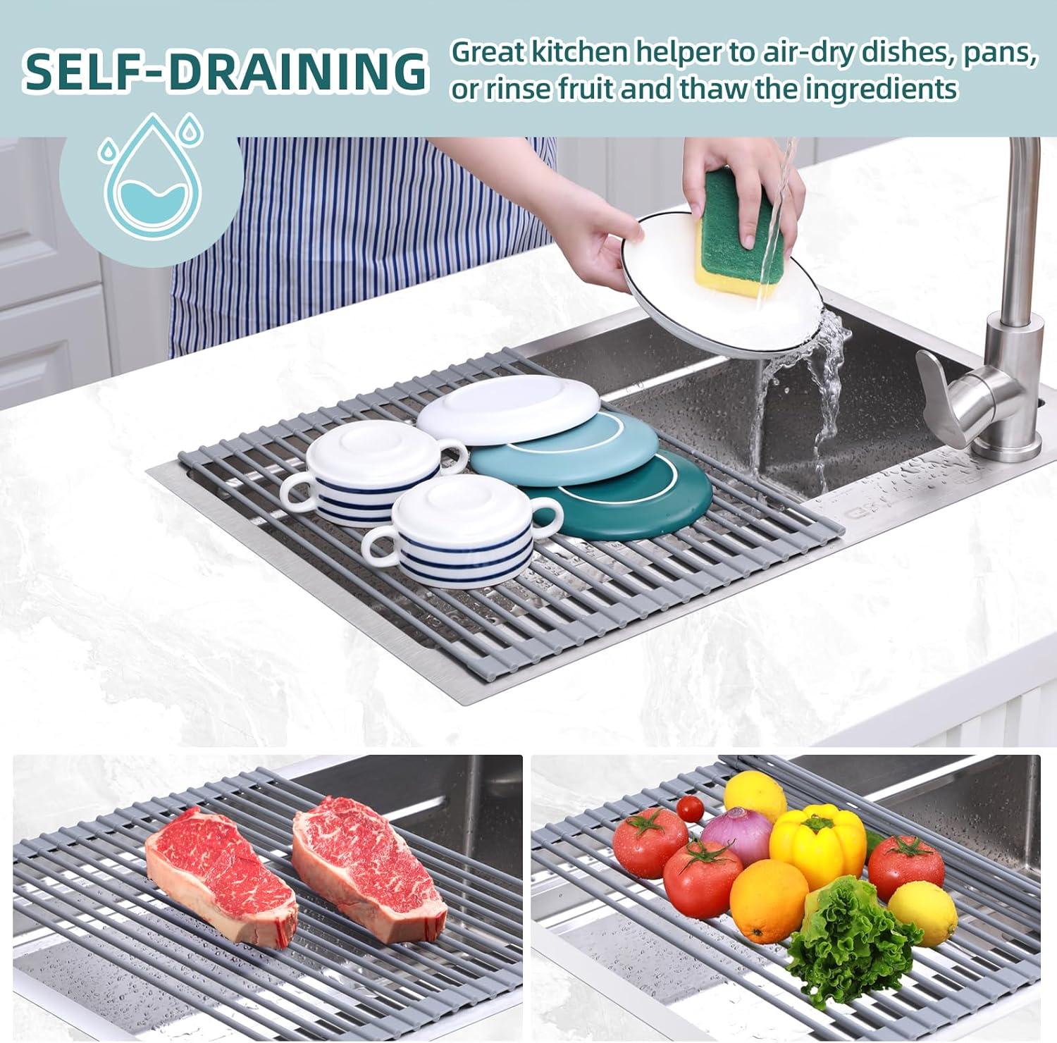 imageOhuhu Over Sink Dish Drying Rack Silicone Wrapped 176 W x 154 L Large Over The Sink Roll Up Dish Drainer Foldable Sink Drying Rack Rolling Drain Mats AntiSlip Multipurpose for Kitchen CounterGray