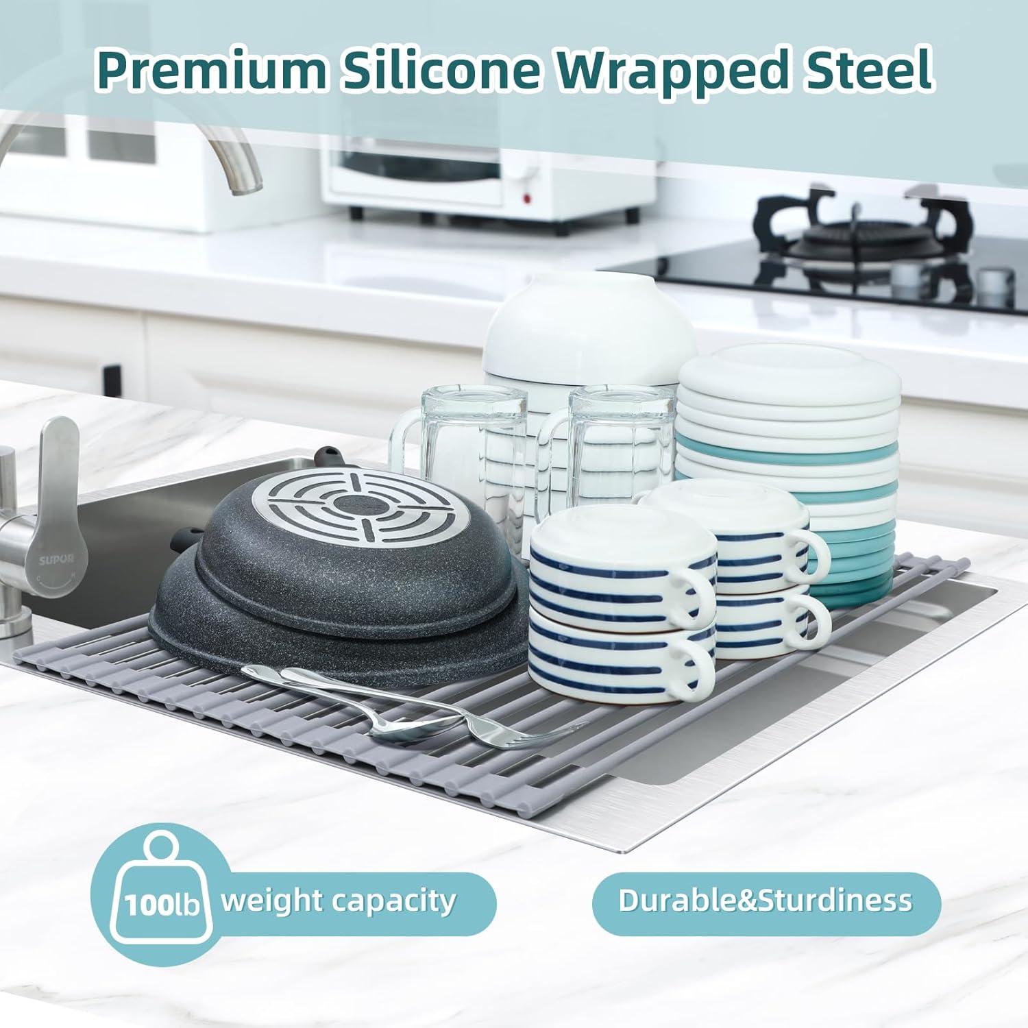 imageOhuhu Over Sink Dish Drying Rack Silicone Wrapped 176 W x 154 L Large Over The Sink Roll Up Dish Drainer Foldable Sink Drying Rack Rolling Drain Mats AntiSlip Multipurpose for Kitchen CounterGray