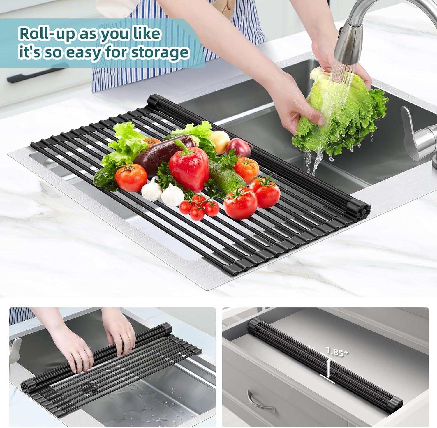 imageOhuhu Over Sink Dish Drying Rack Silicone Wrapped 176 W x 154 L Large Over The Sink Roll Up Dish Drainer Foldable Sink Drying Rack Rolling Drain Mats AntiSlip Multipurpose for Kitchen CounterBlack