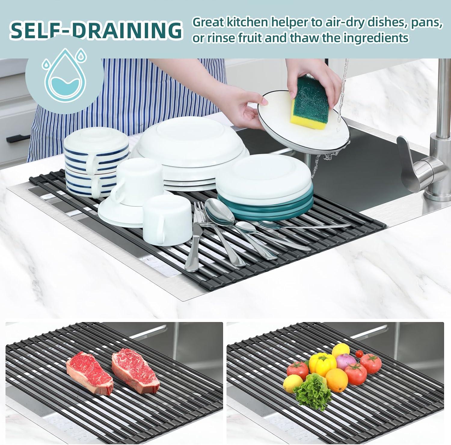 imageOhuhu Over Sink Dish Drying Rack Silicone Wrapped 176 W x 154 L Large Over The Sink Roll Up Dish Drainer Foldable Sink Drying Rack Rolling Drain Mats AntiSlip Multipurpose for Kitchen CounterBlack